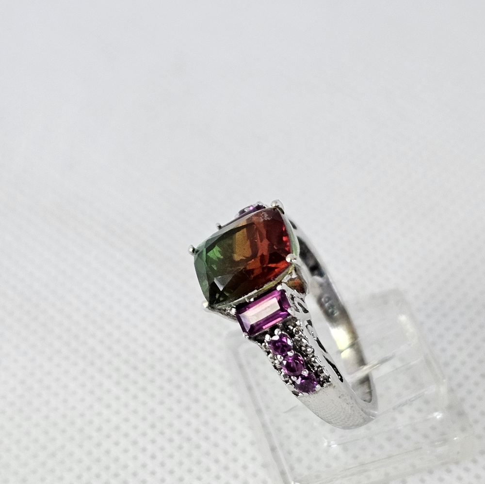 Genuine Watermelon Quartz & Rhodolite Garnet Ring Platinum/925 Sz 8! - Picture 12 of 14